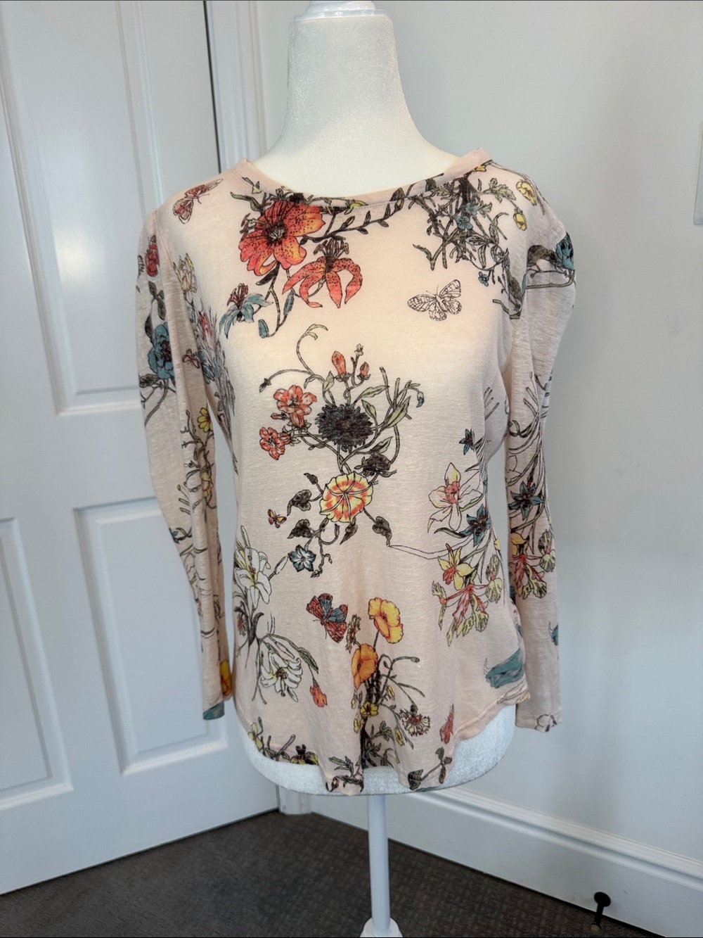 Rebecca Taylor Beige Floral Long Sleeve Tee with Multi-Color Blooms